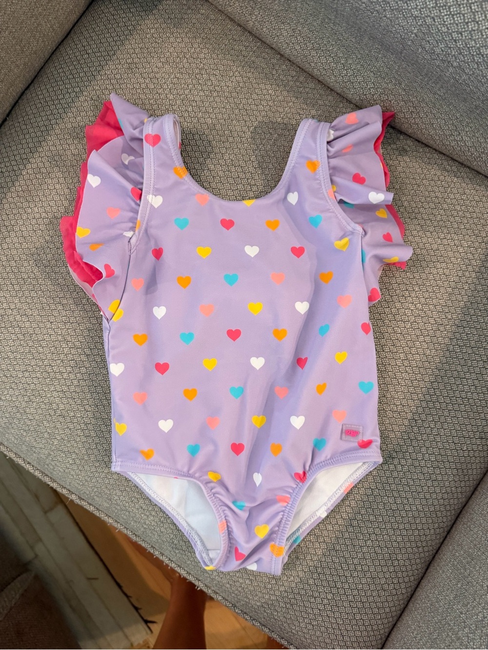 Ruffle Butts Lavender Heart Print Swimsuit with Pink Ruffle Sleeves
